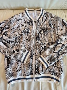 Laila & Savannah Neutral Snake-Print Bomber Jacket in Black, White & Tan